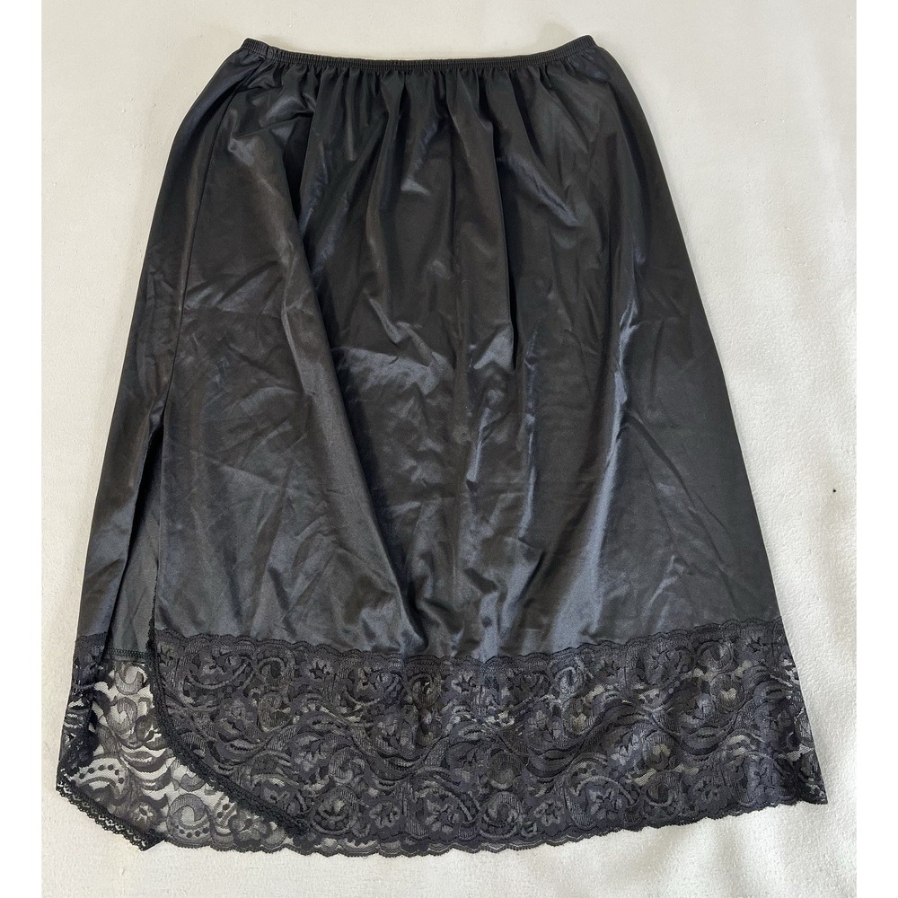 Vintage Vanity Fair Skirt Women Large Black Made in USA Lace Trimming